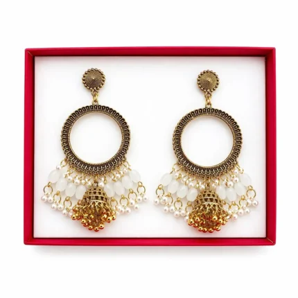 Golden Round Shape Jhumka with White Beads & Jhumar for Resin Art