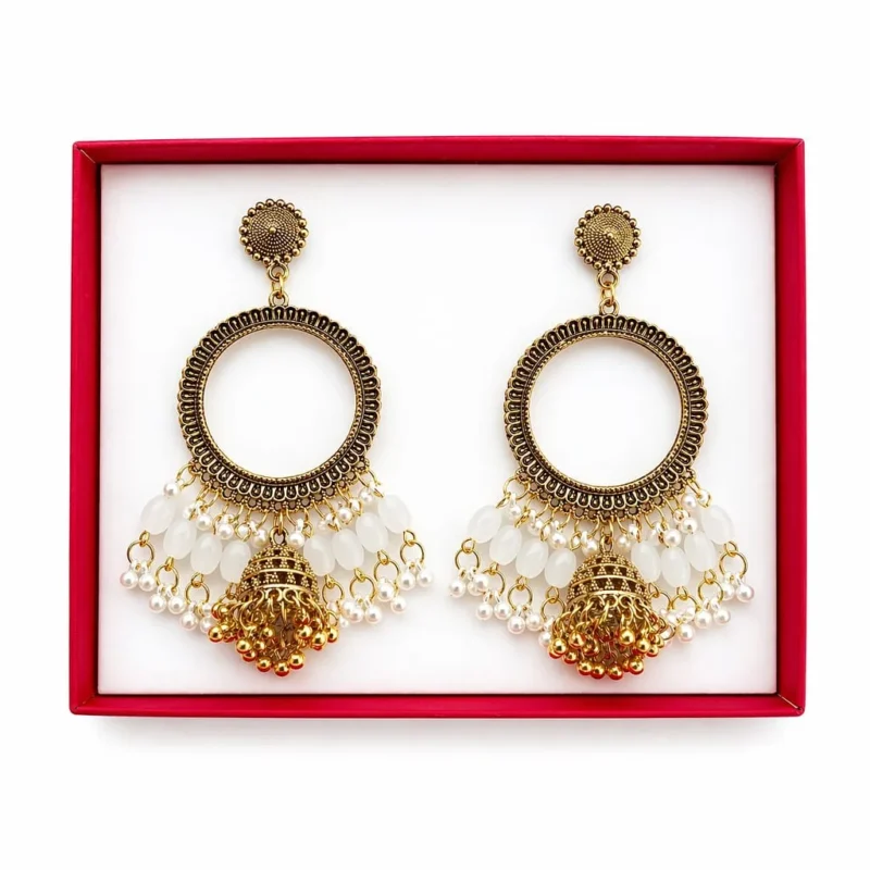 Golden Round Shape Jhumka with White Beads & Jhumar for Resin Art