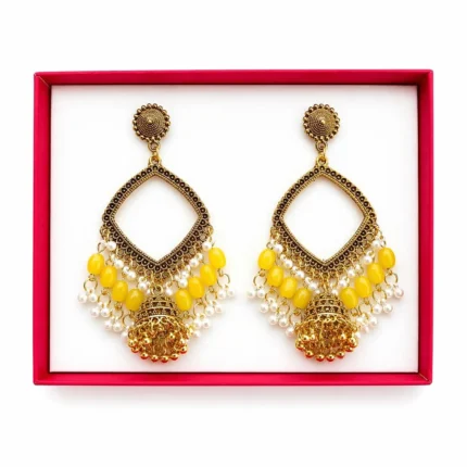 Golden Square Shape Jhumka with Yellow Beads & Jhumar for Resin Art