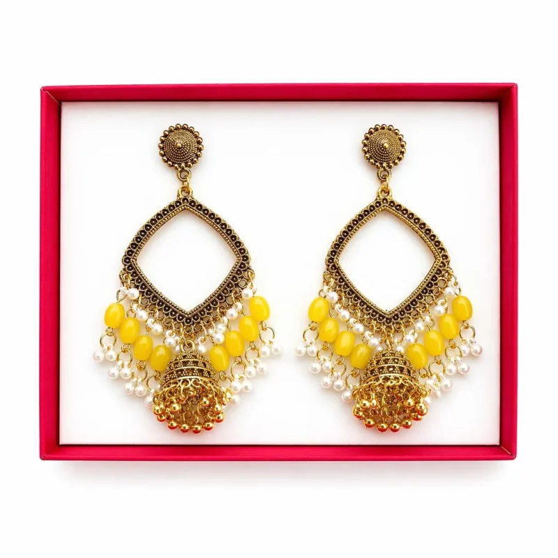 Golden Square Shape Jhumka with Yellow Beads & Jhumar for Resin Art