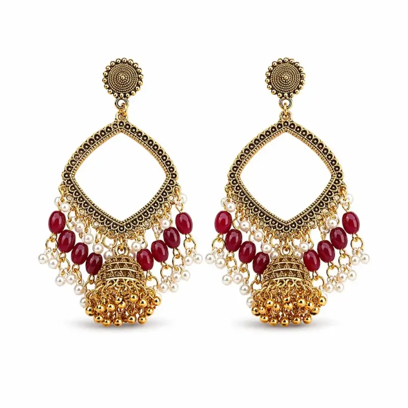 Golden Square Shape Jhumka with Red Wine Beads & Jhumar for Resin Art