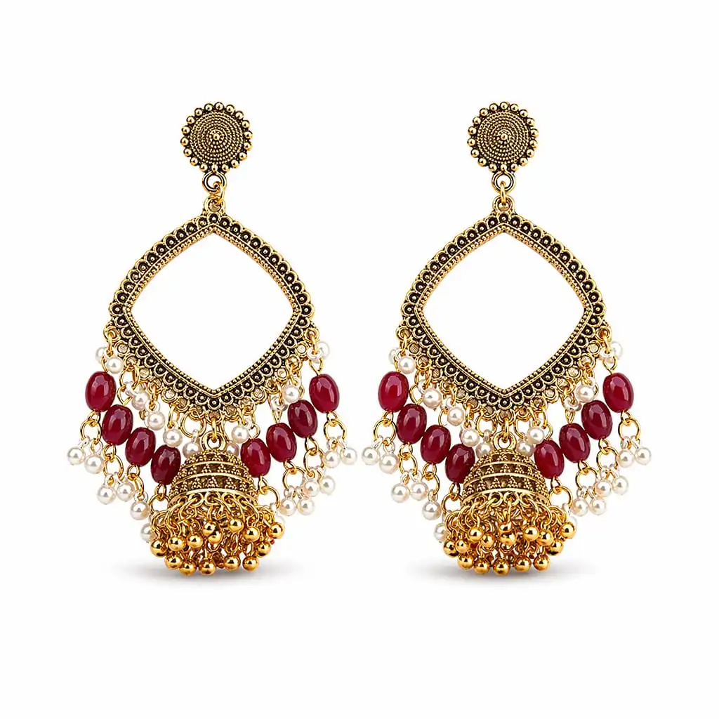 Golden Square Shape Jhumka with Red Wine Beads & Jhumar for Resin Art Golden Square Shape Jhumka with Red Wine Beads & Jhumar for Resin Art