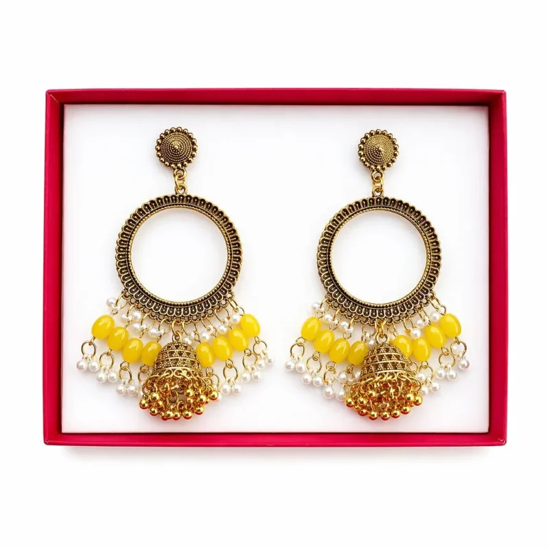 olden Round Shape Jhumka with Yellow Beads & Jhumar for Resin Art
