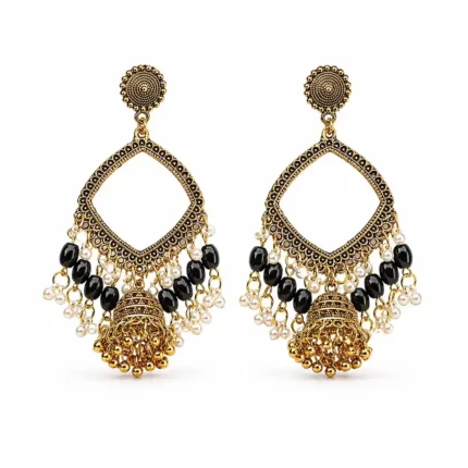 Golden Square Shape Jhumka with Black Beads & Jhumar for Resin Art,welry making, and DIY craft projects.