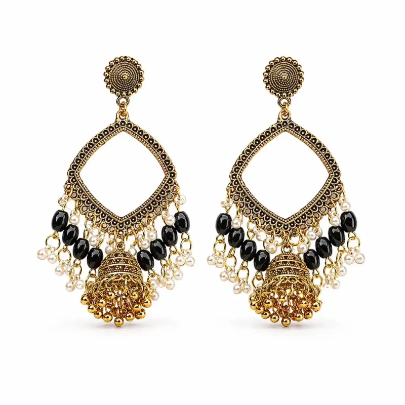 Golden Square Shape Jhumka with Black Beads & Jhumar for Resin Art,welry making, and DIY craft projects.