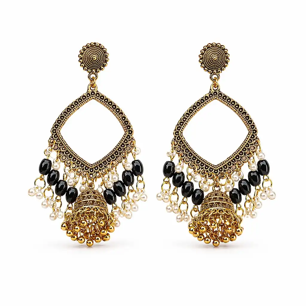 Golden Square Shape Jhumka with Black Beads & Jhumar for Resin Art,welry making, and DIY craft projects. Golden Square Shape Jhumka with Black Beads & Jhumar for Resin Art,welry making, and DIY craft projects.