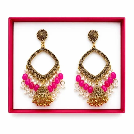 Golden Square Shape Jhumka with Magenta Beads & Jhumar for Resin Art