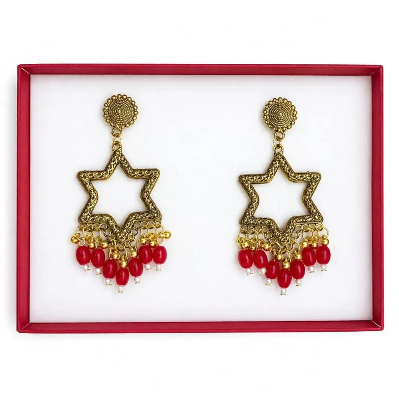 Golden Star Shape Jhumka with Red Beads for Resin Art