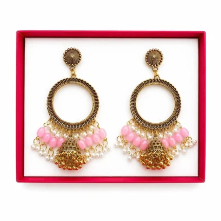 Golden Round Shape Jhumka with Light Pink Beads & Jhumar for Resin Art
