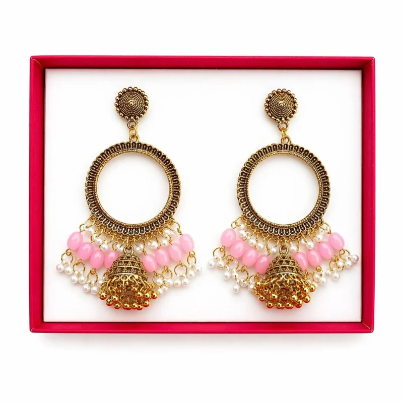 Golden Round Shape Jhumka with Light Pink Beads & Jhumar for Resin Art