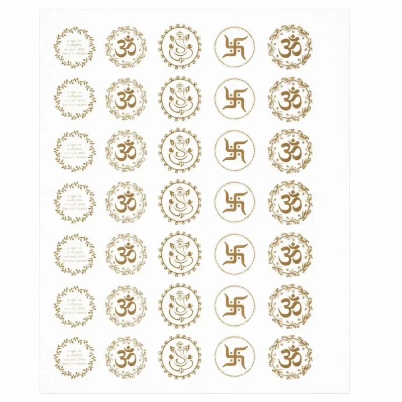 Om Ganesh Ji Swastik Gayatri Mantra Embossed Gold Sticker Sheet A4