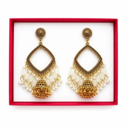 Golden Square Shape Jhumka with White Beads & Jhumar for Resin Art