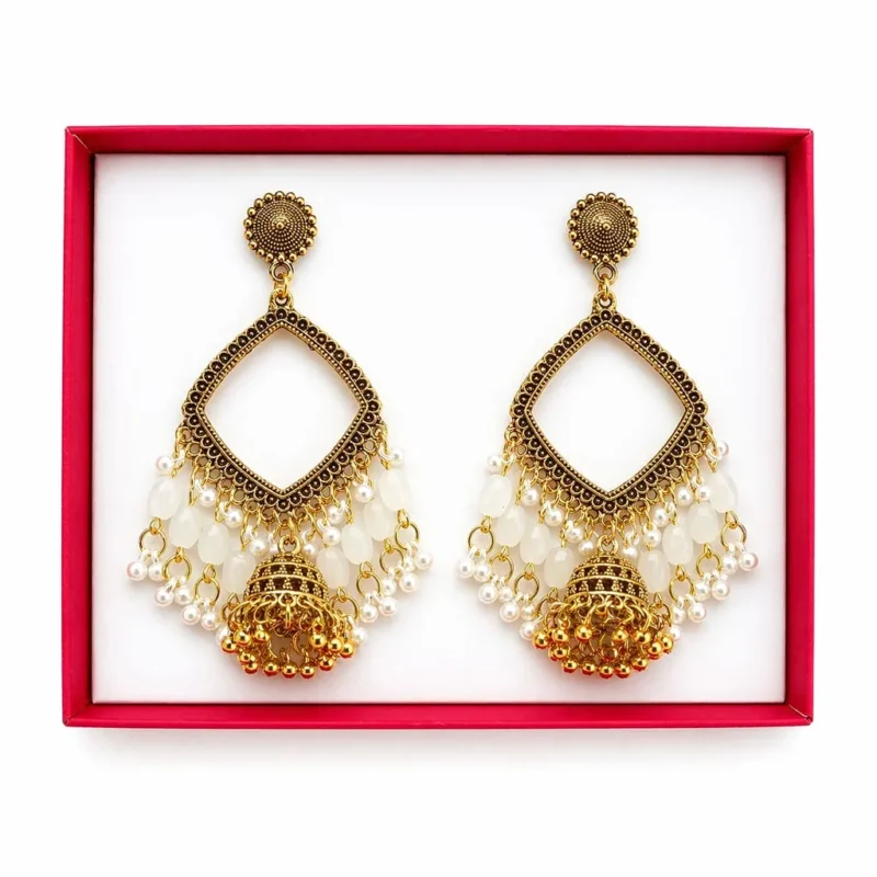 Golden Square Shape Jhumka with White Beads & Jhumar for Resin Art
