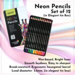 BRUSTRO Neon Colour Pencils 12 Tin |Multicolour| 3.3mm | Lead Strength, Ideal for Colouring, Painting, Layering, Use on Fabrics, Wax-Based | Set of 12 | (in Elegant tin Box)