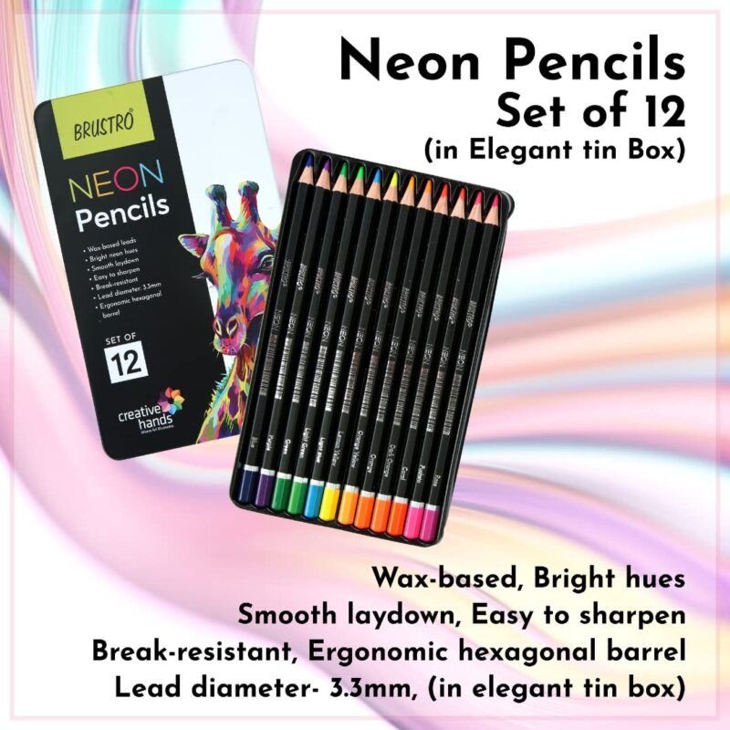 BRUSTRO Neon Colour Pencils 12 Tin |Multicolour| 3.3mm | Lead Strength, Ideal for Colouring, Painting, Layering, Use on Fabrics, Wax-Based | Set of 12 | (in Elegant tin Box)