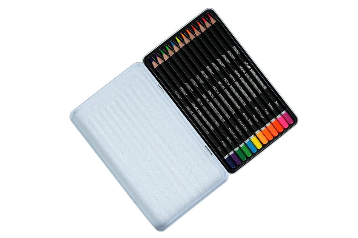 BRUSTRO Neon Colour Pencils 12 Tin |Multicolour| 3.3mm | Lead Strength, Ideal for Colouring, Painting, Layering, Use on Fabrics, Wax-Based | Set of 12 | (in Elegant tin Box)