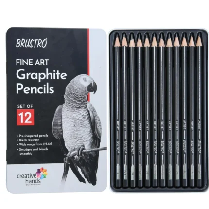 BRUSTRO Artists Fineart Graphite Pencil Set of 12 (10B-2H) with Elegant Tin Box