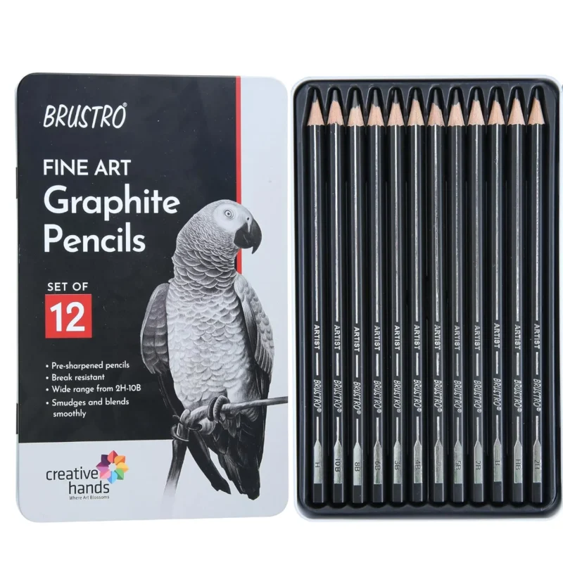 BRUSTRO Artists Fineart Graphite Pencil Set of 12 (10B-2H) with Elegant Tin Box