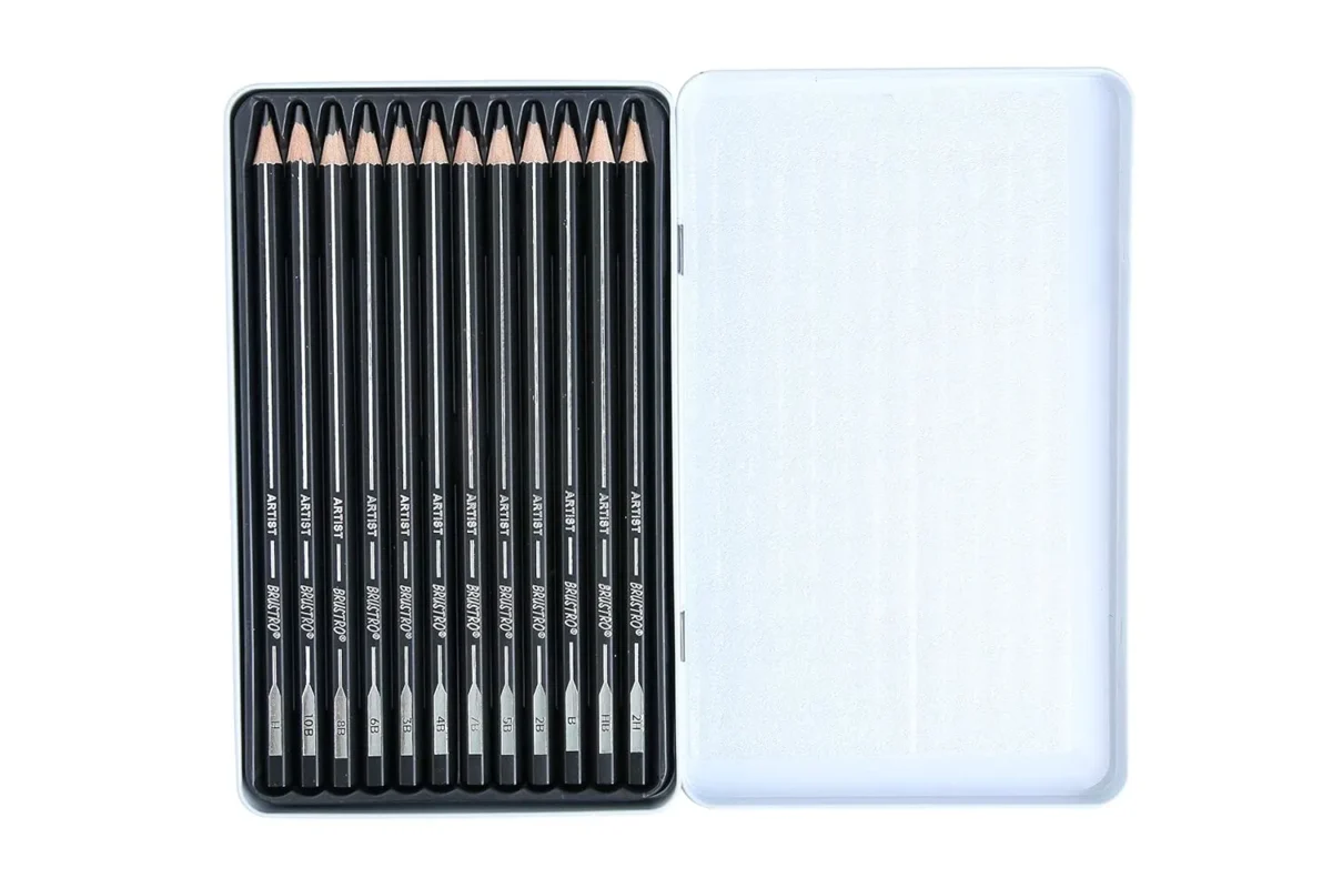 BRUSTRO Artists Fineart Graphite Pencil Set of 12 (10B-2H) with Elegant Tin Box