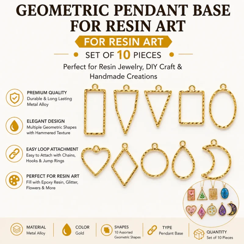 Gold Geometric Pendant Base Set for Resin Art – Mixed Shape Open Bezel Jewelry Making (Set of 10)