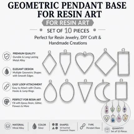 Silver Geometric Pendant Base Set for Resin Art – Mixed Shape Open Bezel Jewelry Making (Set of 10)