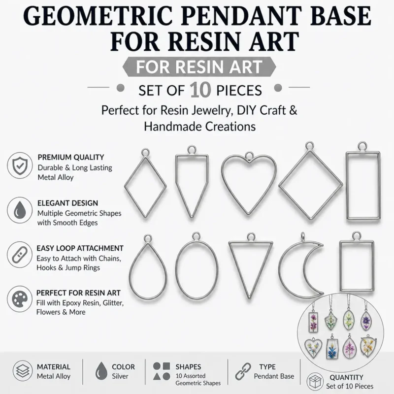 Silver Geometric Pendant Base Set for Resin Art – Mixed Shape Open Bezel Jewelry Making (Set of 10)