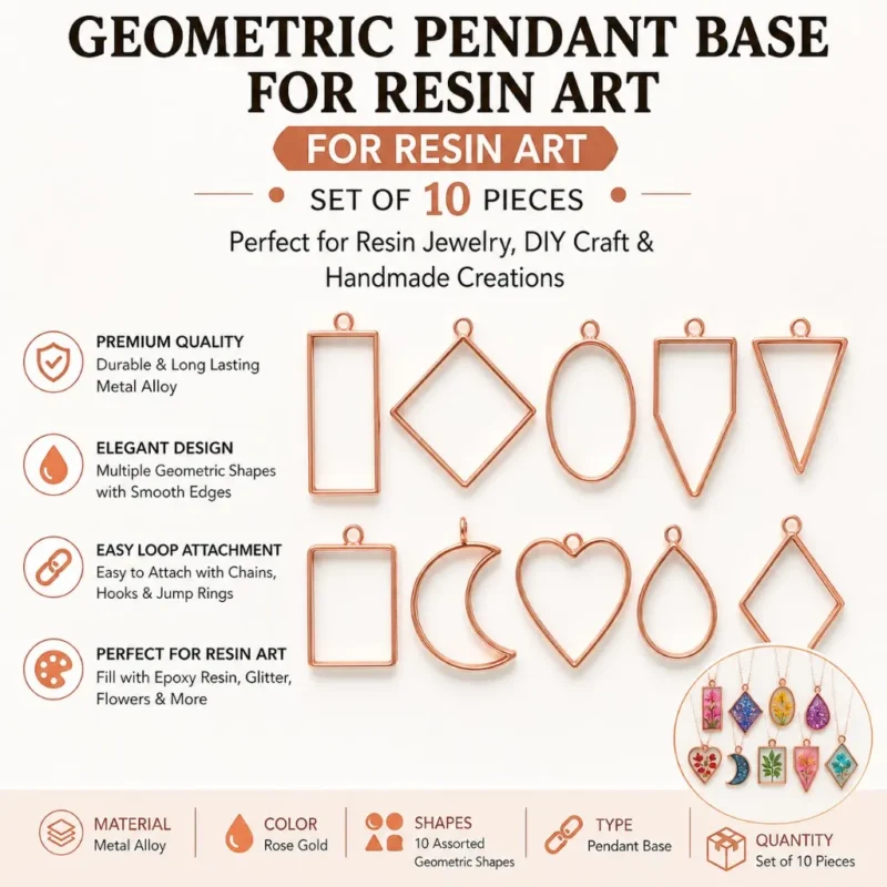 Rose Gold Geometric Pendant Base Set for Resin Art – Mixed Shape Open Bezel Jewelry Making (Set of 10)