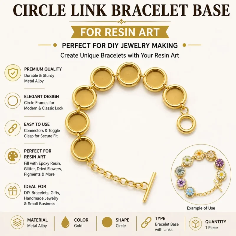 Gold Circle Link Bracelet Base for Resin Art – Round Bezel DIY Jewelry Making Bracelet