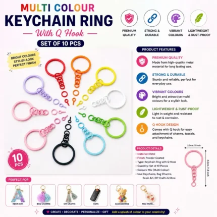 Multi Colour Keychain Ring with Q Hook – Metal Key Ring Set for DIY Crafts & Resin Art (10 Pcs)