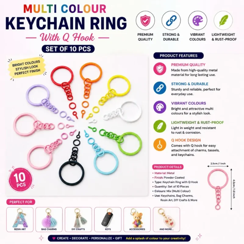 Multi Colour Keychain Ring with Q Hook – Metal Key Ring Set for DIY Crafts & Resin Art (10 Pcs)