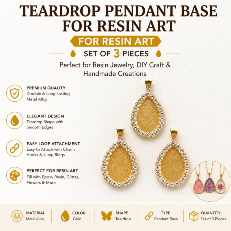 Gold Teardrop Stone Pendant Base for Resin Art – Rhinestone Bezel Jewelry Making (Set of 3)