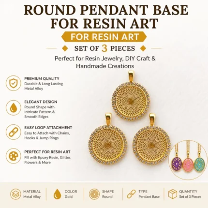 Gold Round Stone Pendant Base for Resin Art – Rhinestone Bezel Jewelry Making (Set of 3)