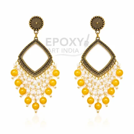Yellow Pearl Square Shape Chandbali Hoop Earrings