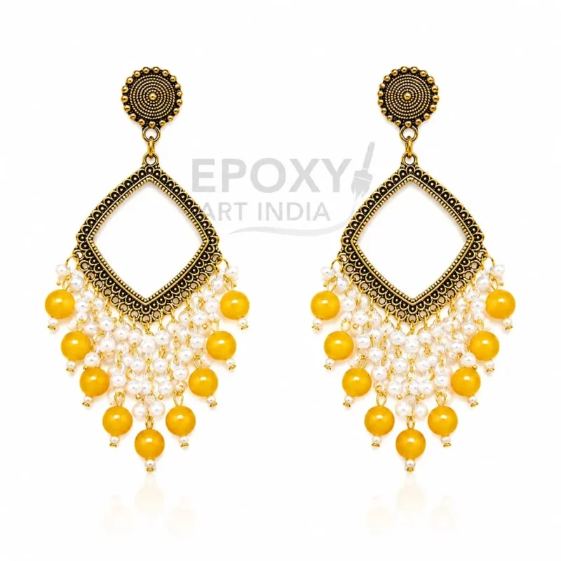 Yellow Pearl Square Shape Chandbali Hoop Earrings