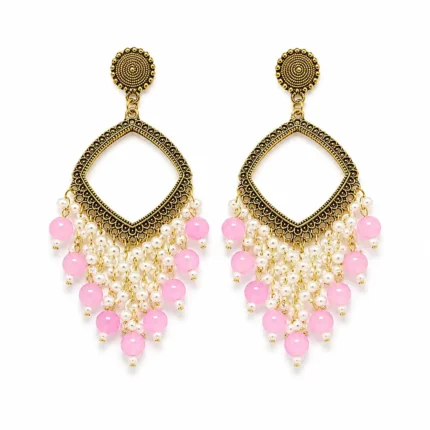 Pink Pearl Square Shape Chandbali Hoop Earrings