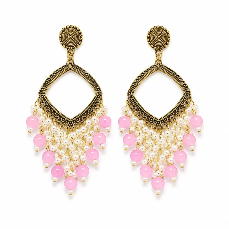 Pink Pearl Square Shape Chandbali Hoop Earrings