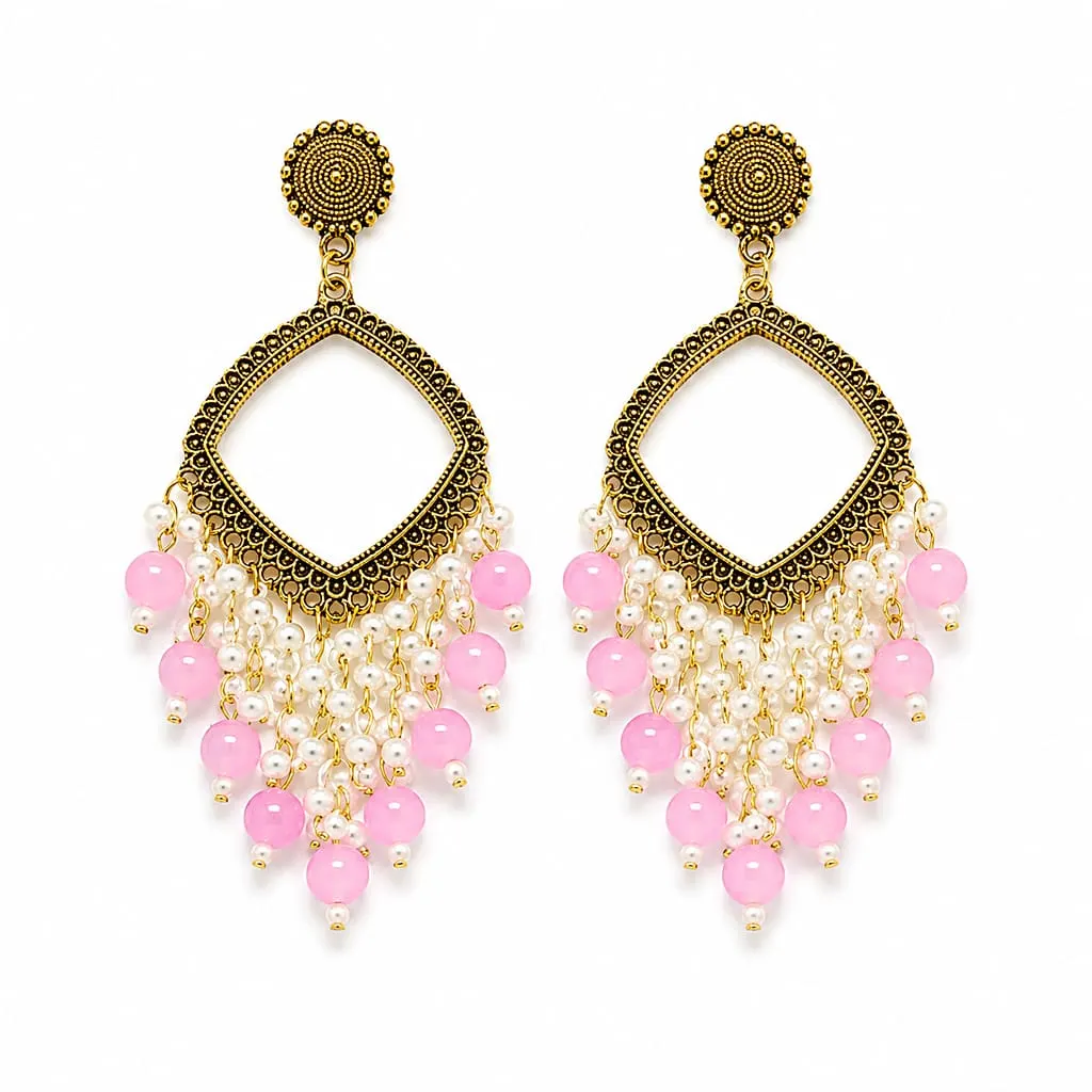 Pink Pearl Square Shape Chandbali Hoop Earrings Pink Pearl Square Shape Chandbali Hoop Earrings