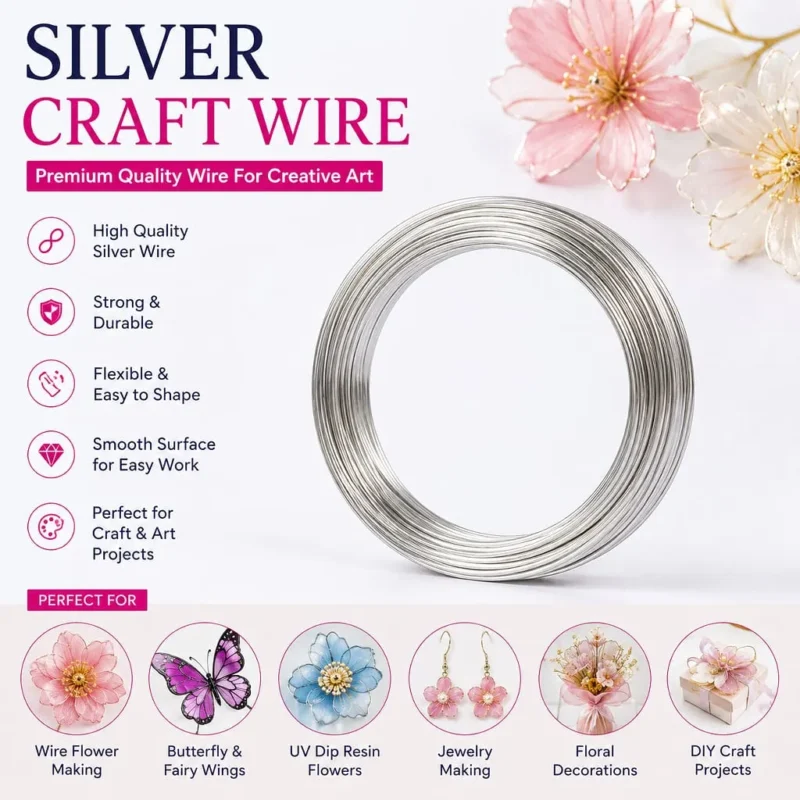 Silver Craft Wire Roll | Wire Flower Making Wire | UV Dip Resin Flower Wire | DIY Floral Art Wire