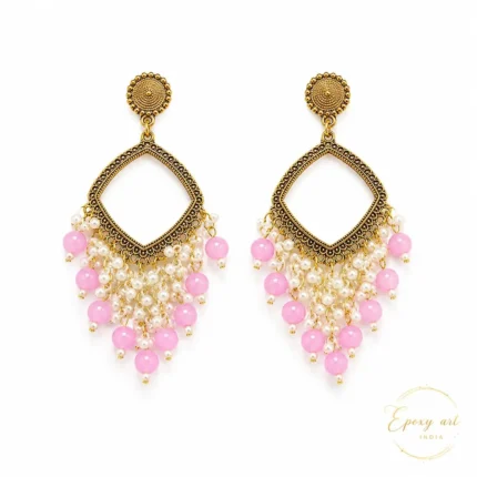Pastel Pink Pearl Square Shape Chandbali Hoop Earrings
