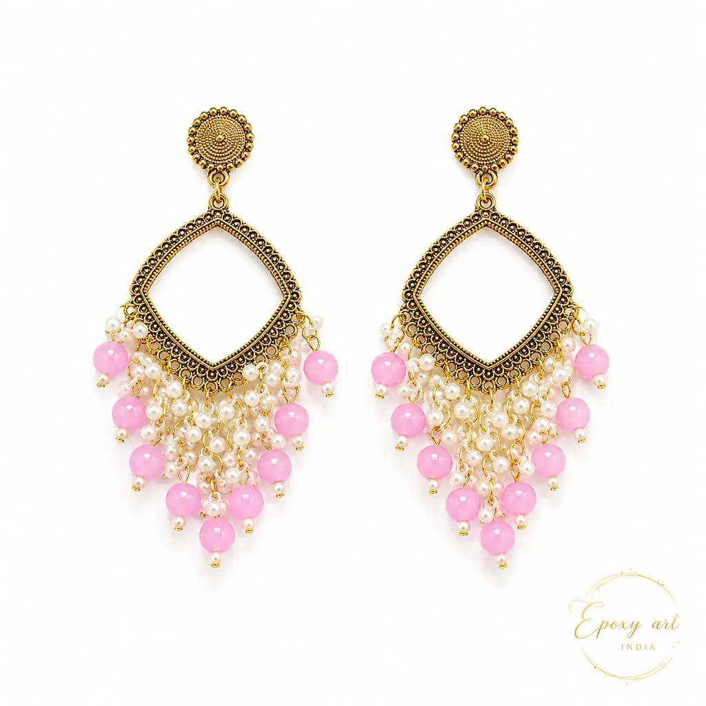 Pastel Pink Pearl Square Shape Chandbali Hoop Earrings Pastel Pink Pearl Square Shape Chandbali Hoop Earrings