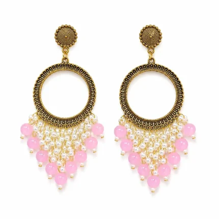 Pink Pearl Chandbali Hoop Earrings