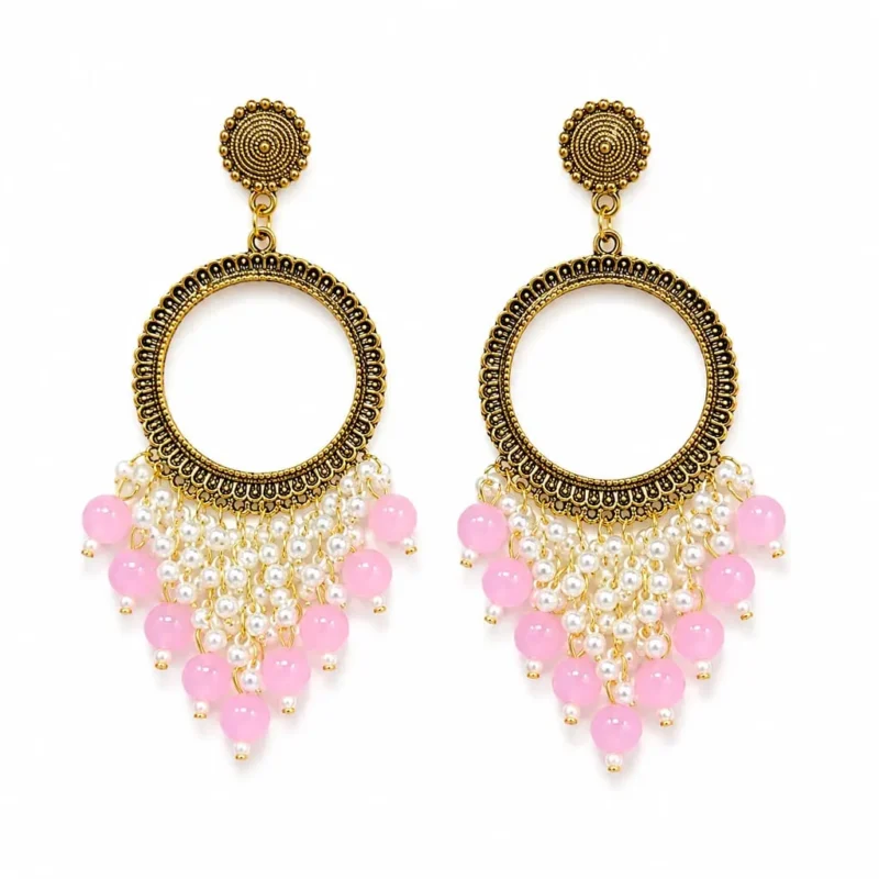 Pink Pearl Chandbali Hoop Earrings