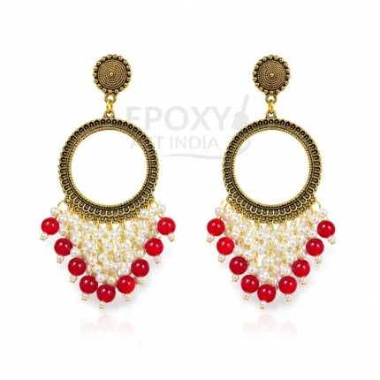 Red Pearl Round Shape Chandbali Hoop Earrings for Women