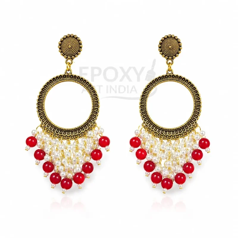 Red Pearl Round Shape Chandbali Hoop Earrings for Women