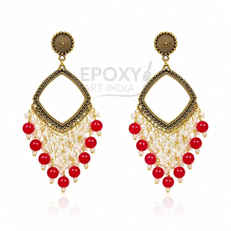 Red Pearl Square Shape Chandbali Hoop Earrings