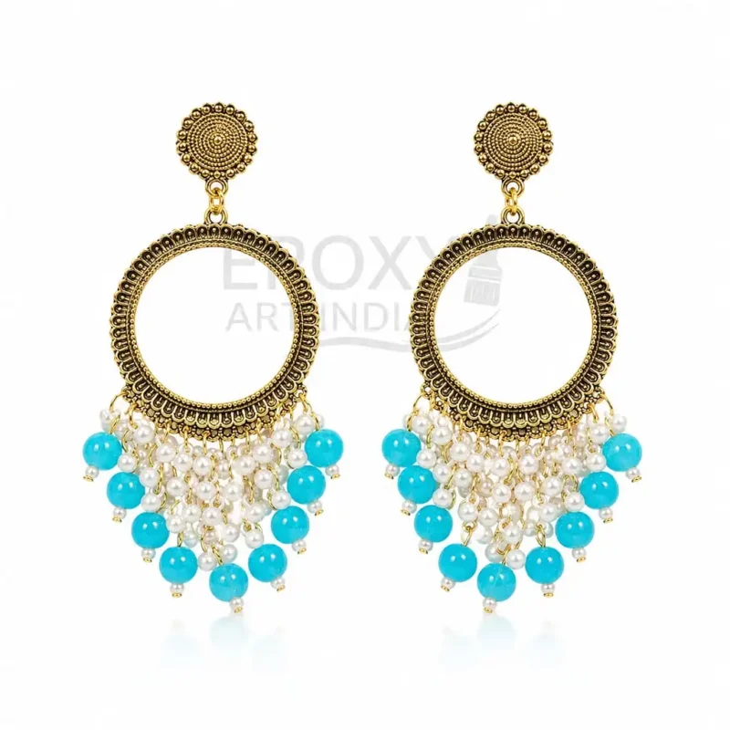 Blue Pearl Round Shape Chandbali Hoop Earrings