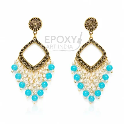 Blue Pearl Square Shape Chandbali Hoop Earrings