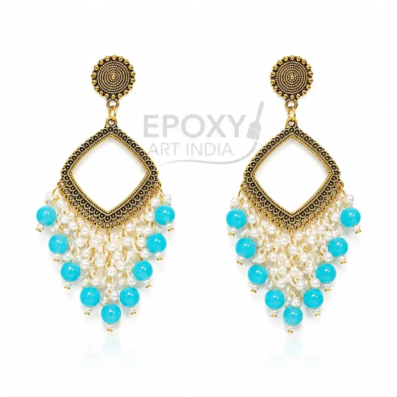 Blue Pearl Square Shape Chandbali Hoop Earrings