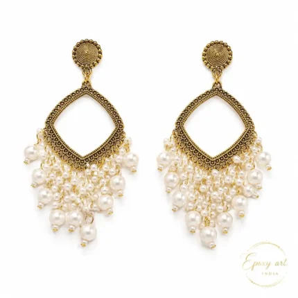 White Pearl Square Shape Chandbali Hoop Earrings