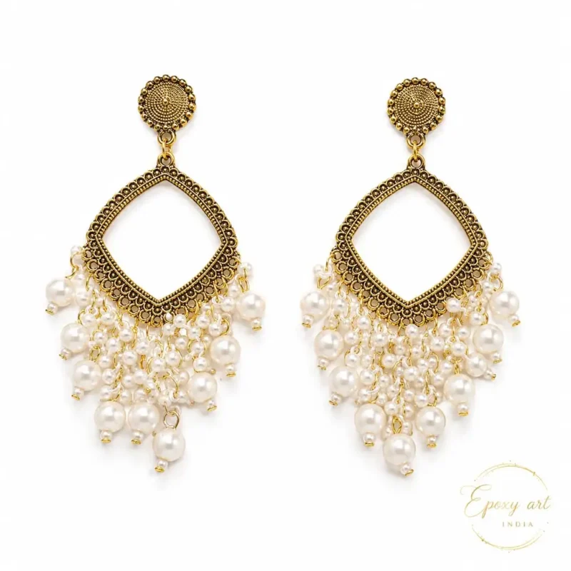 White Pearl Square Shape Chandbali Hoop Earrings
